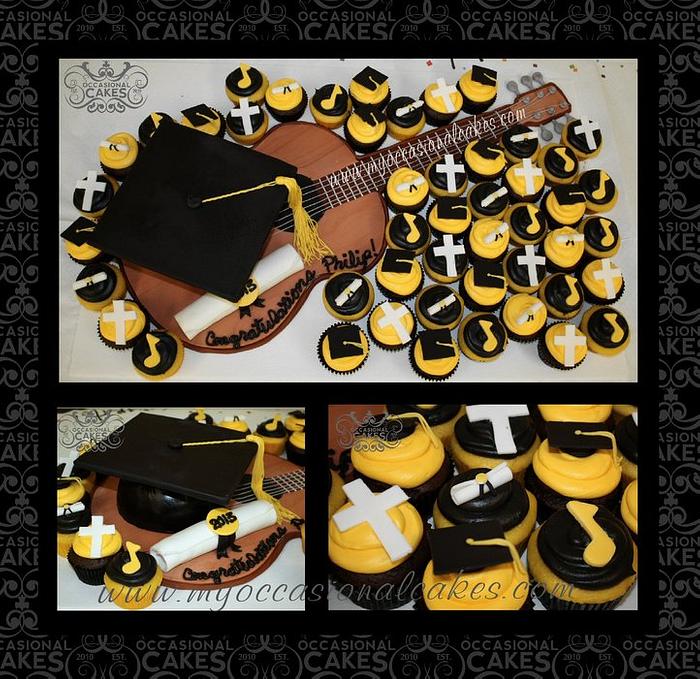 Grad Cap Cake & Cupcakes w/Guitar