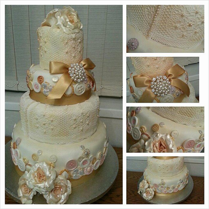my first ever wedding cake in lace button vintage style xx