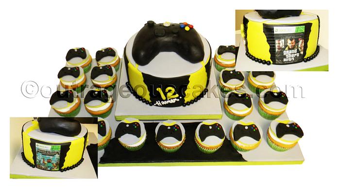xbox themed cake and cupcakes