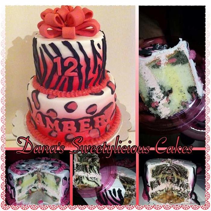 Zebra and leopard cake inside en outside