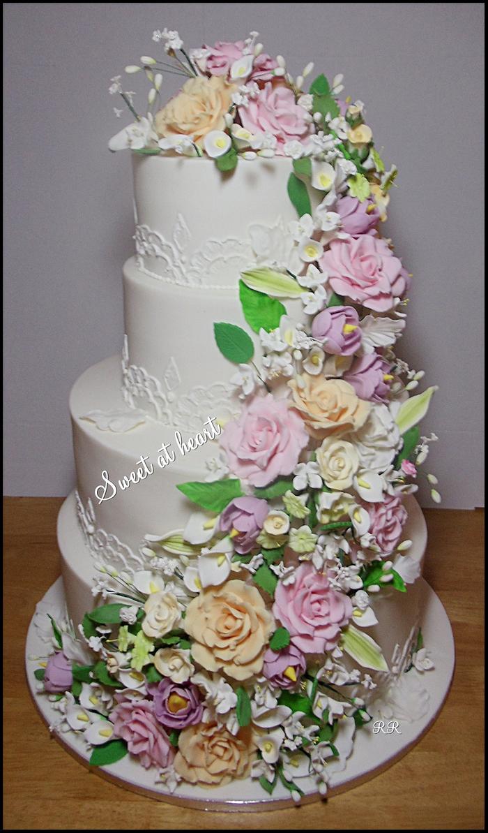 White wedding floral cake
