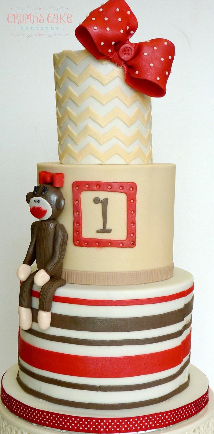 Girlie Sock Monkey 1st Birthday Cake