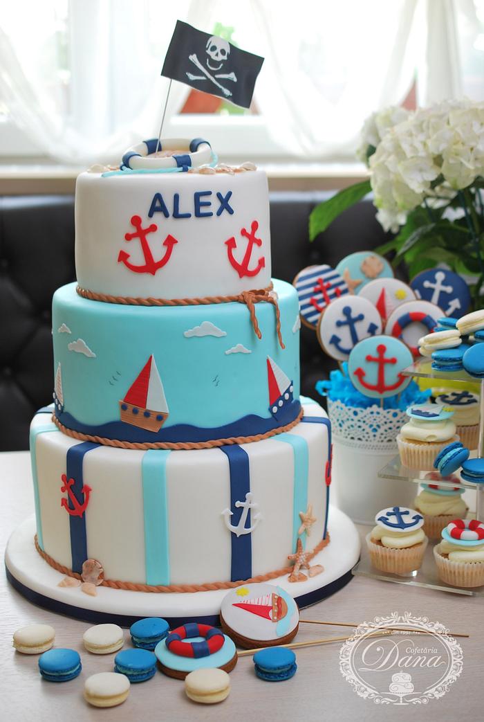 Nautical birthday cake and candy bar
