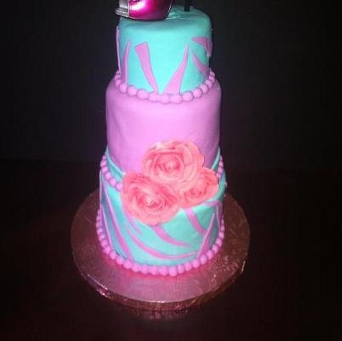 Teal Cake with Pink Zebra Pattern