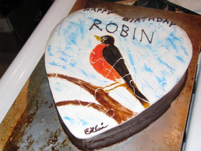 Puzzle cake, Hand painted robin