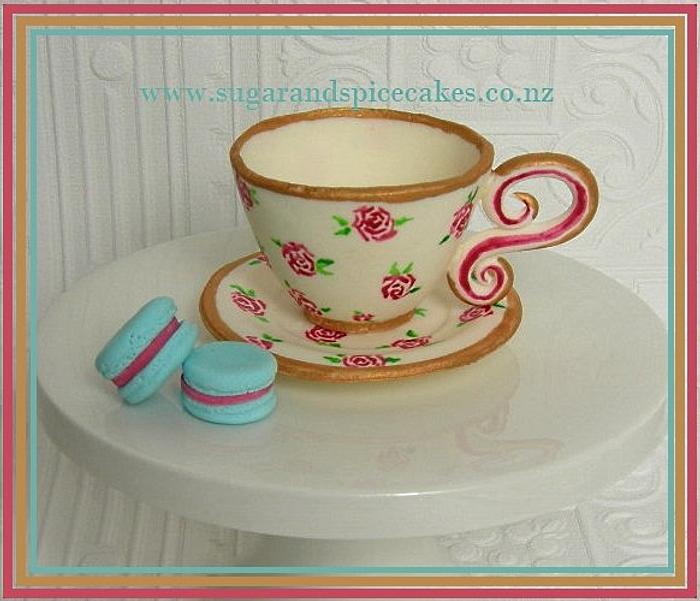 Antique Sugar Tea Cup & Saucer with fondant Macaron ~