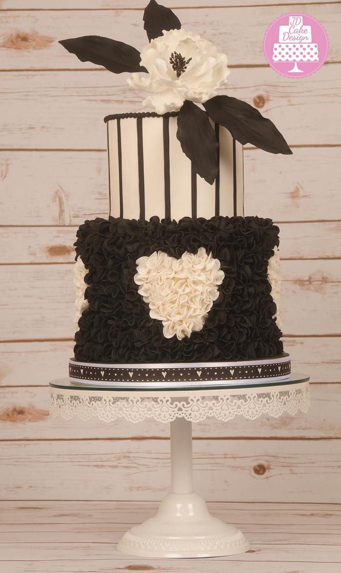 Black and white heart ruffle cake