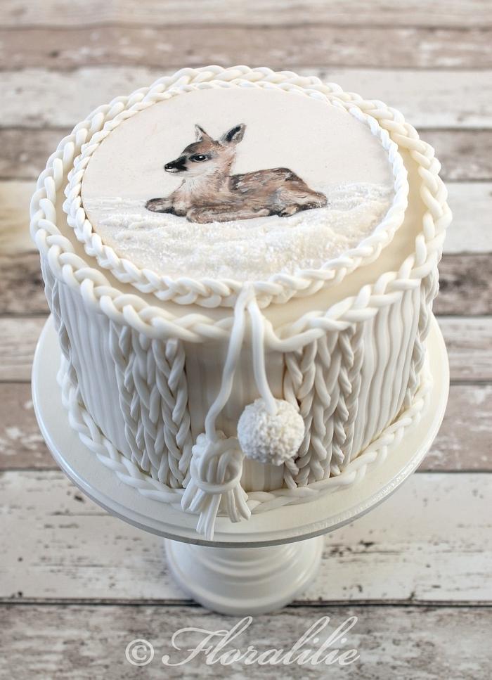 "Knitted" Winter Cake with Painted Fawn