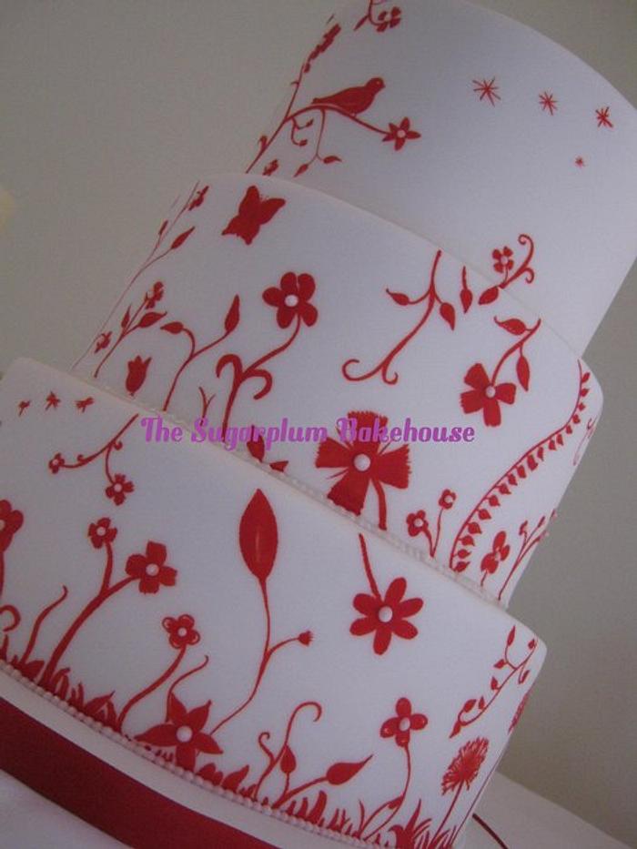 Handpainted Red & White Wedding Cake