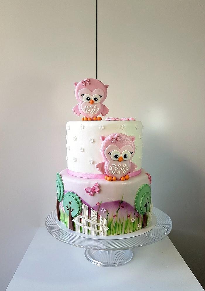 Owls with 2 flowers for 2 candles on top