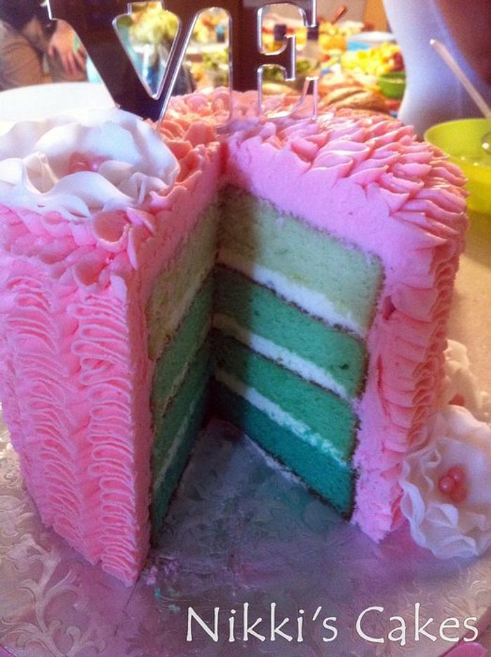 Pink Ruffle and Blue/Green Ombre Cake