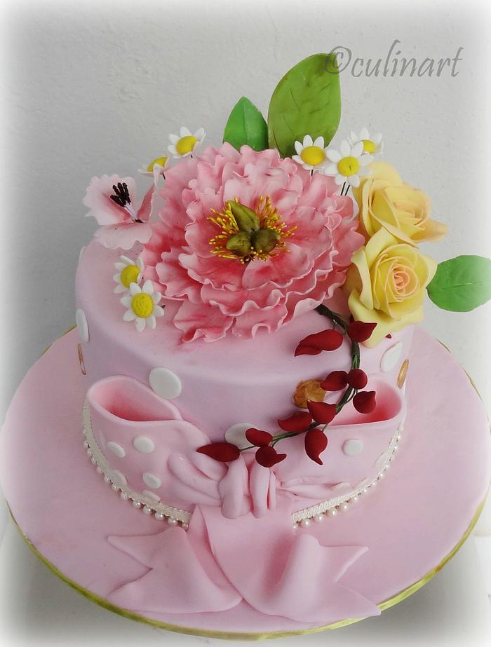 Pink Peony and Roses cake