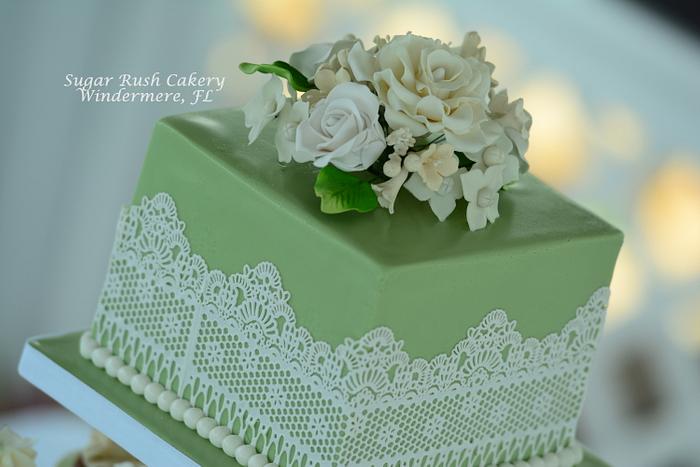 Sage Wedding Cake & Cupcake Tower