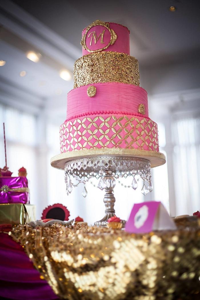 The golden pink by M fuschia  & gold wedding cake  