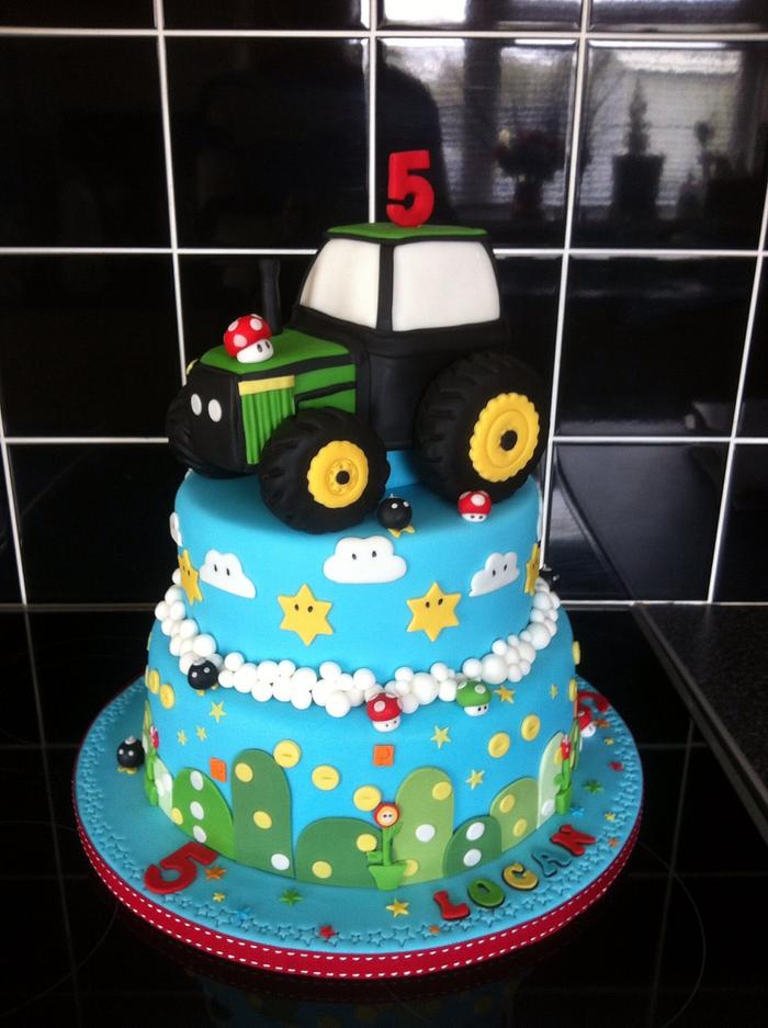Super mario and tractor birthday cake