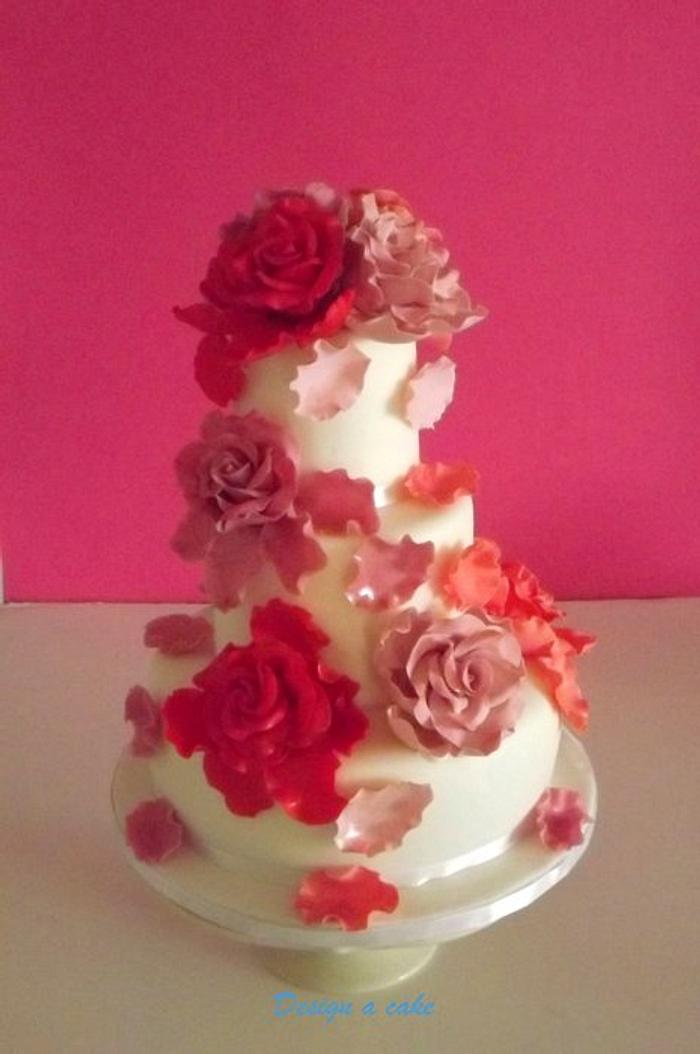 pink, red and violet roses wedding cake