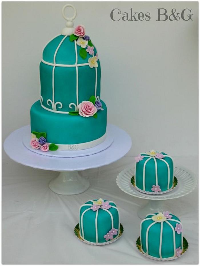 Birdcage and Mini Wedding Cakes Birdcage Wedding cake design with  individual mini cakes and cupcakes.