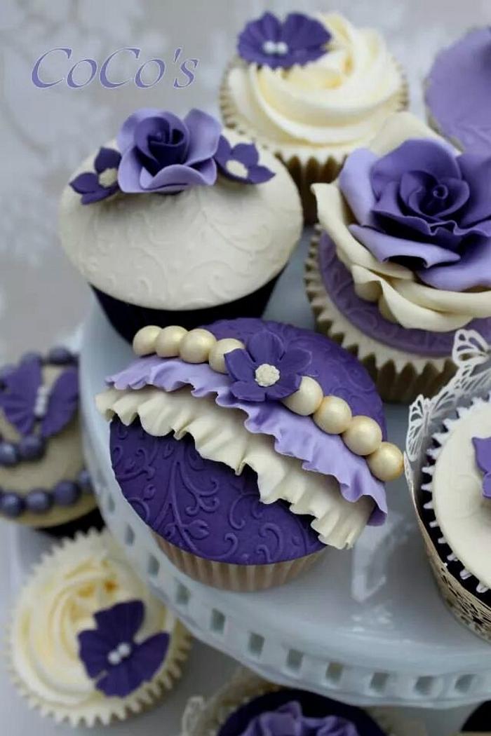 purple and ivory wedding cupcakes 