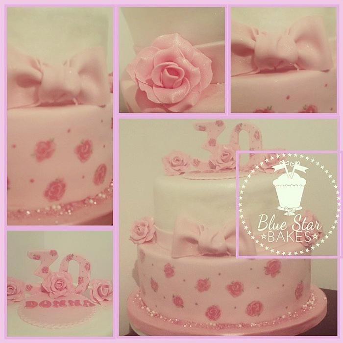 Two Tier Birthday Cake 30th Handpainted Roses Fondant Roses Beads Sparkle