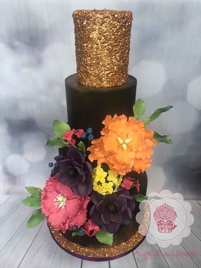 Black and Gold Vibrant Wedding Cake