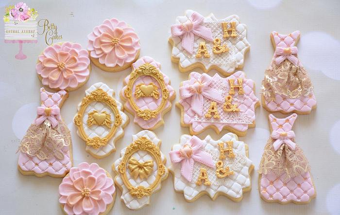 Vintage gold and pink engagement cookies
