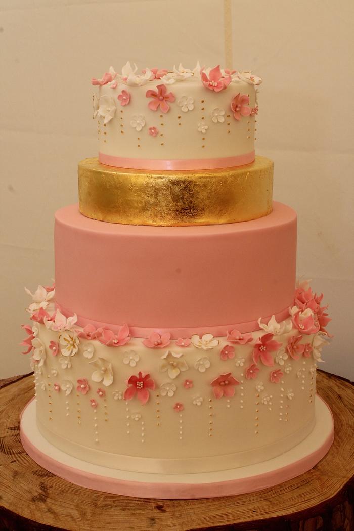 Pink, Gold Leaf and Blossom Wedding Cake