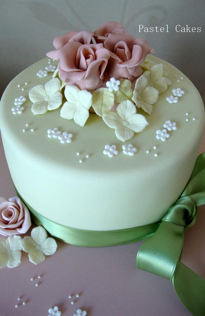 Rose and hydrangea birthday cake