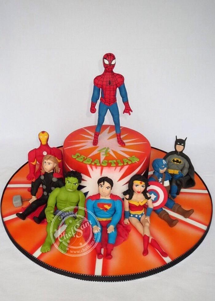 Lots of Superheroes on a cake