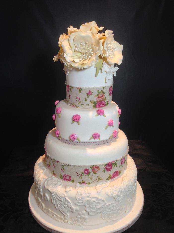 4 Tier Peony Wedding Cake with Lace and Hessian Burlap