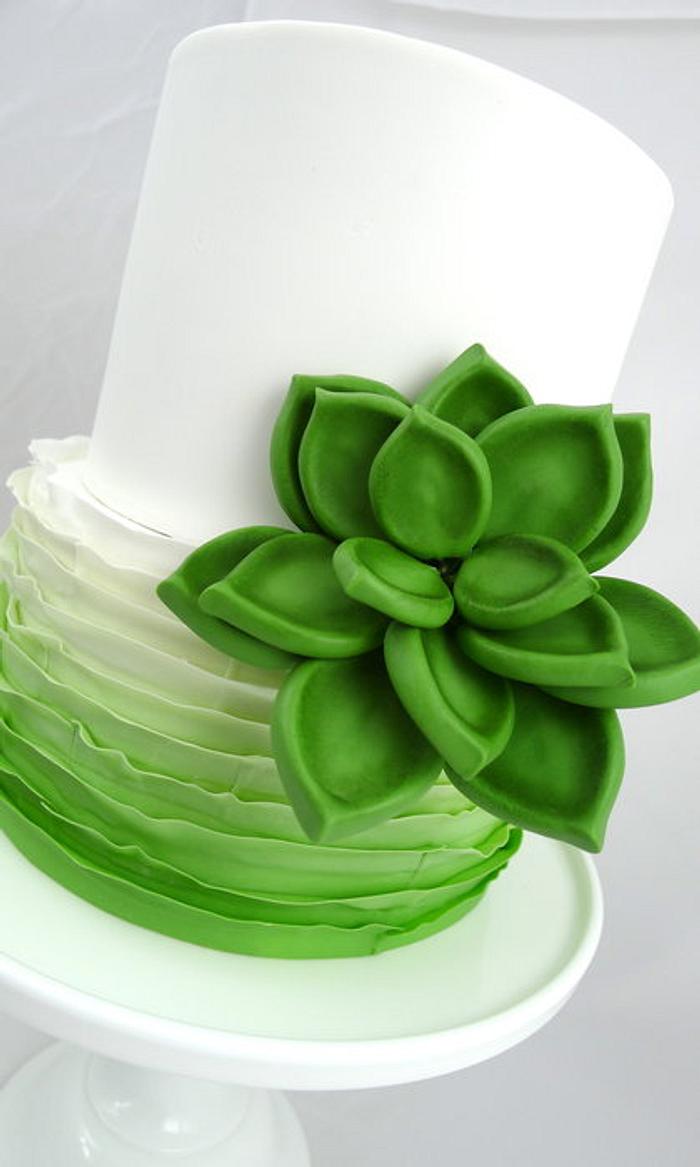 Green and White Ruffle Cake with Succulent Flower
