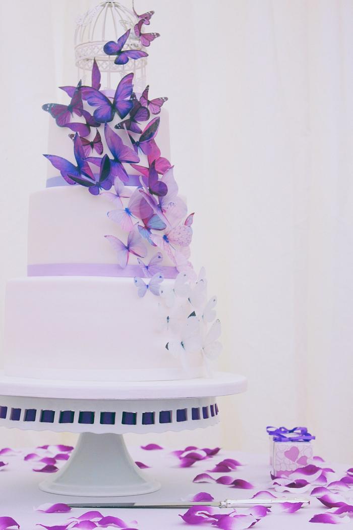 cascading purple butterfly wedding cake 