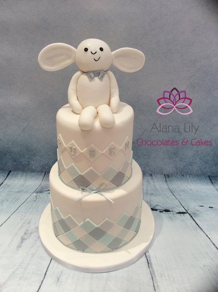 A chequered baby shower cake