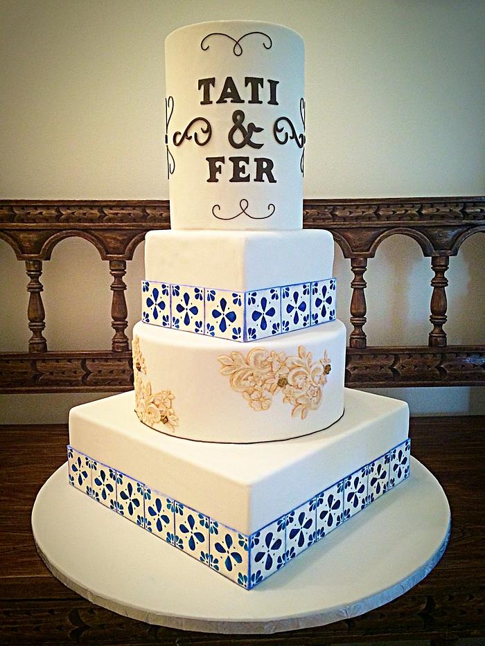 Spanish Azulejo & Lace Wedding Cake