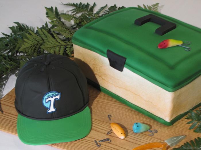 Fishing tackle box and cap - Groom's cake