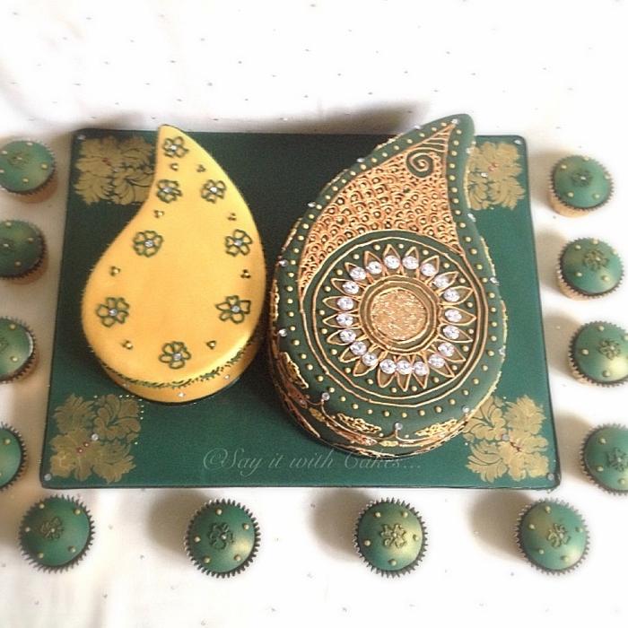 Paisley shaped antique gold & emerald henna ceremony cake