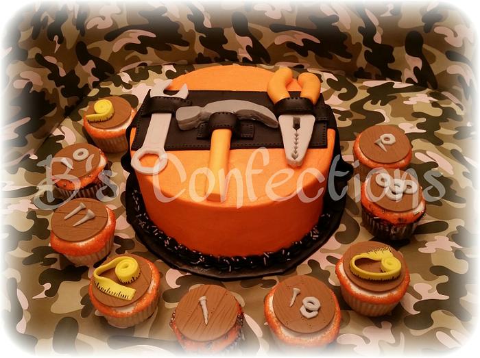 tool cake with matching cupcakes