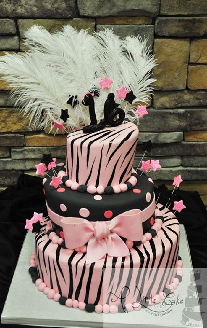Zebra Print Sweet 16 Birthday Cake