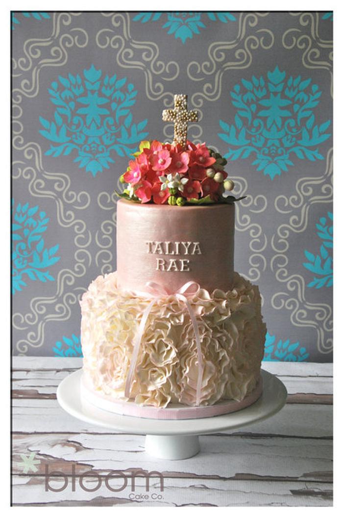 Baptism cake w/rosette ruffles and sugar paste hydrangea bouquet