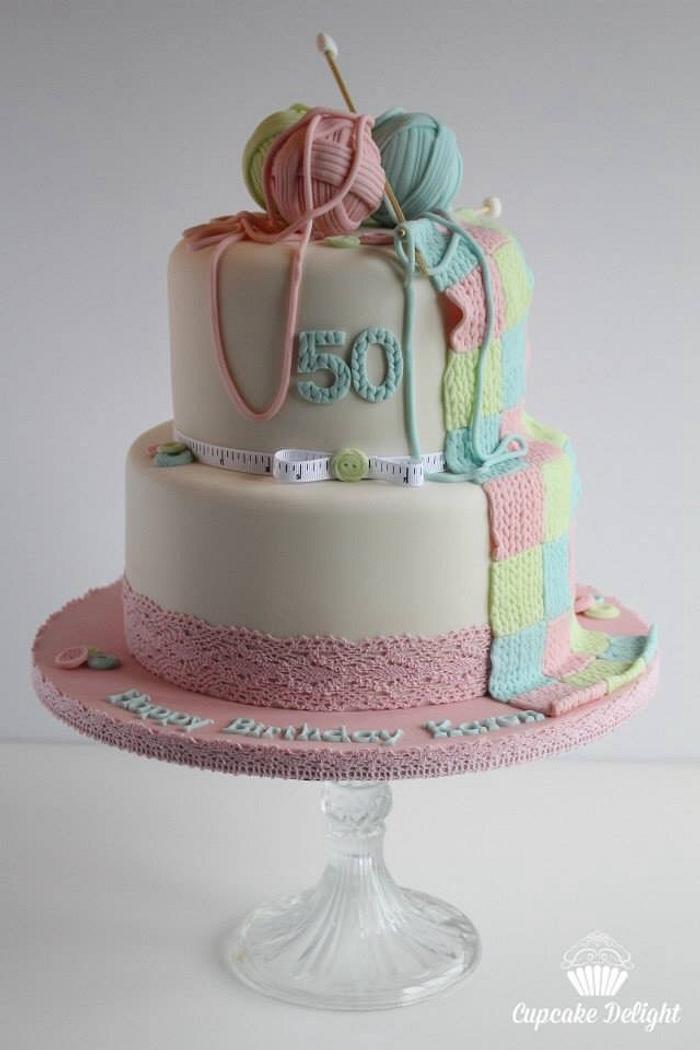 Knitting themed birthday cake