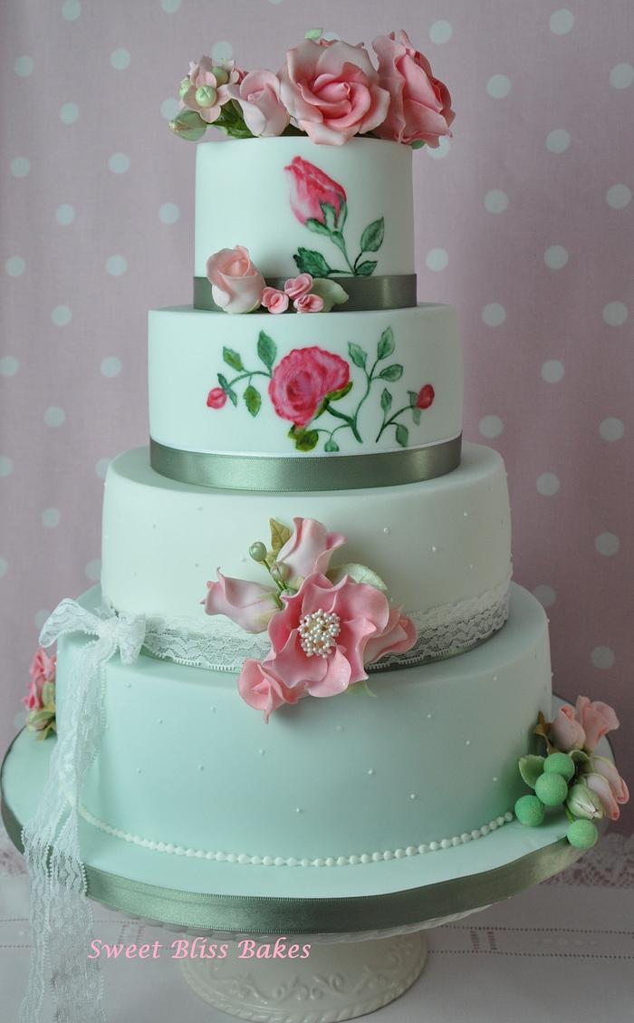 Hand Painted Roses Wedding Cake