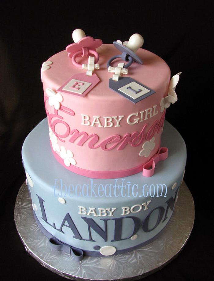 Pink and blue baby shower cake