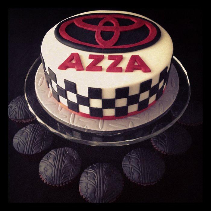 Toyota Emblem Cake with Tyre Tread Cupcakes