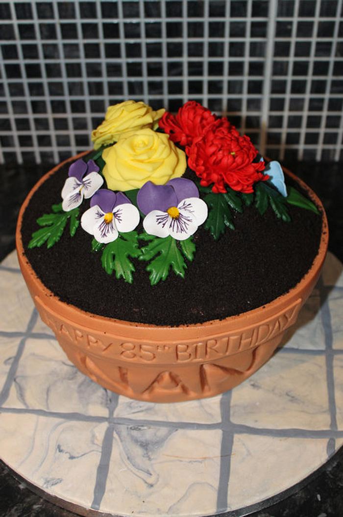 Terracotta Flower Pot Cake with handmade Roses, Pansies and Chrysanthemums