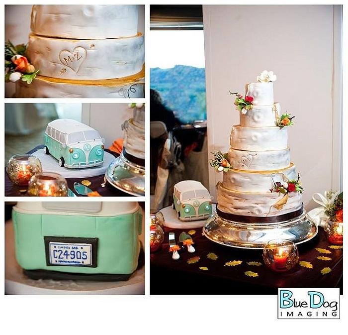 Birch Bark Wedding Cake and VW Groom's Cake