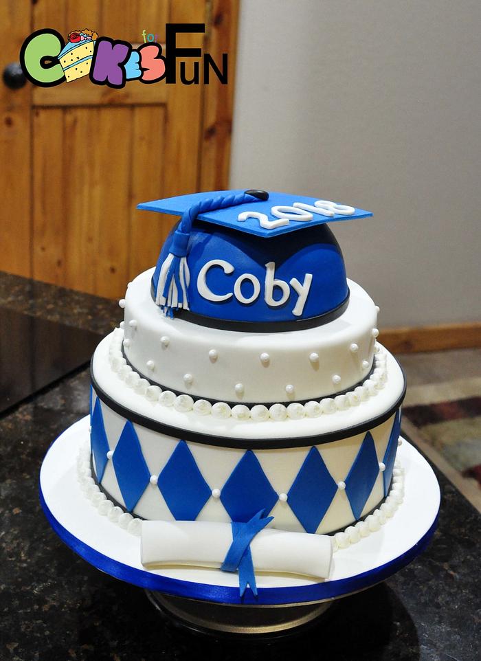 Blue and white Graduation Cake