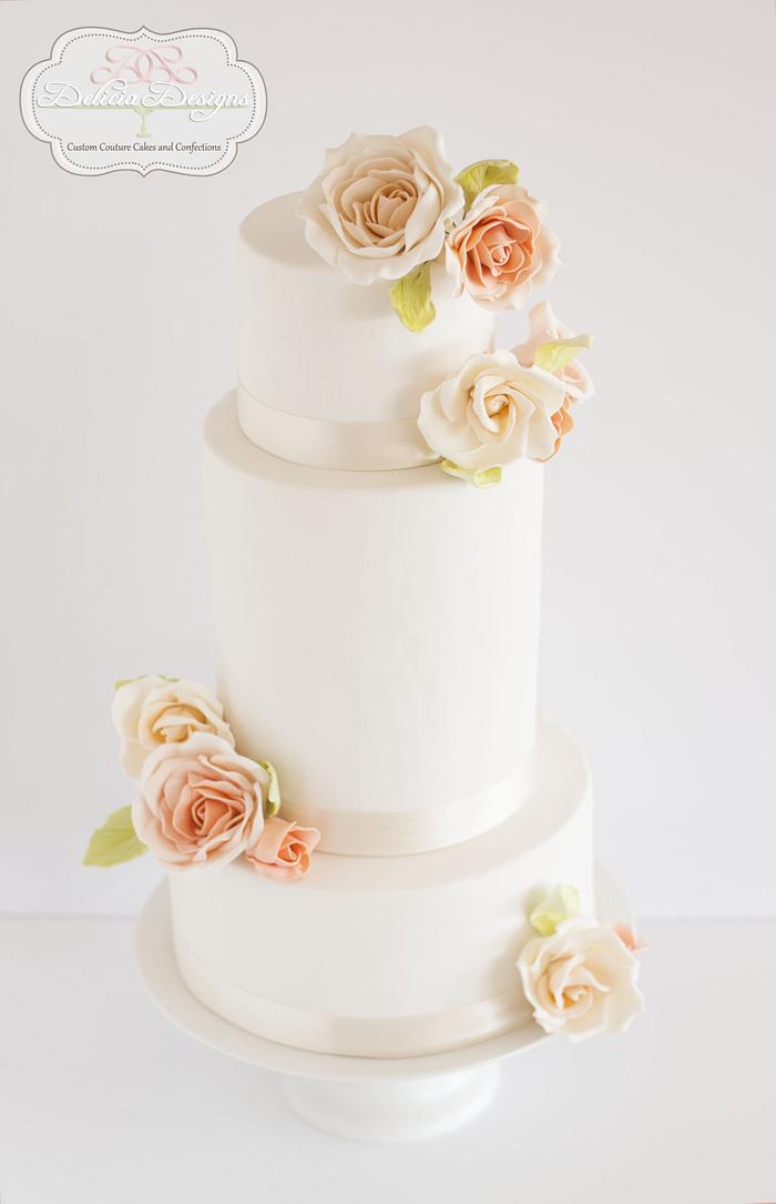 Peach & Cream Roses Wedding Cake