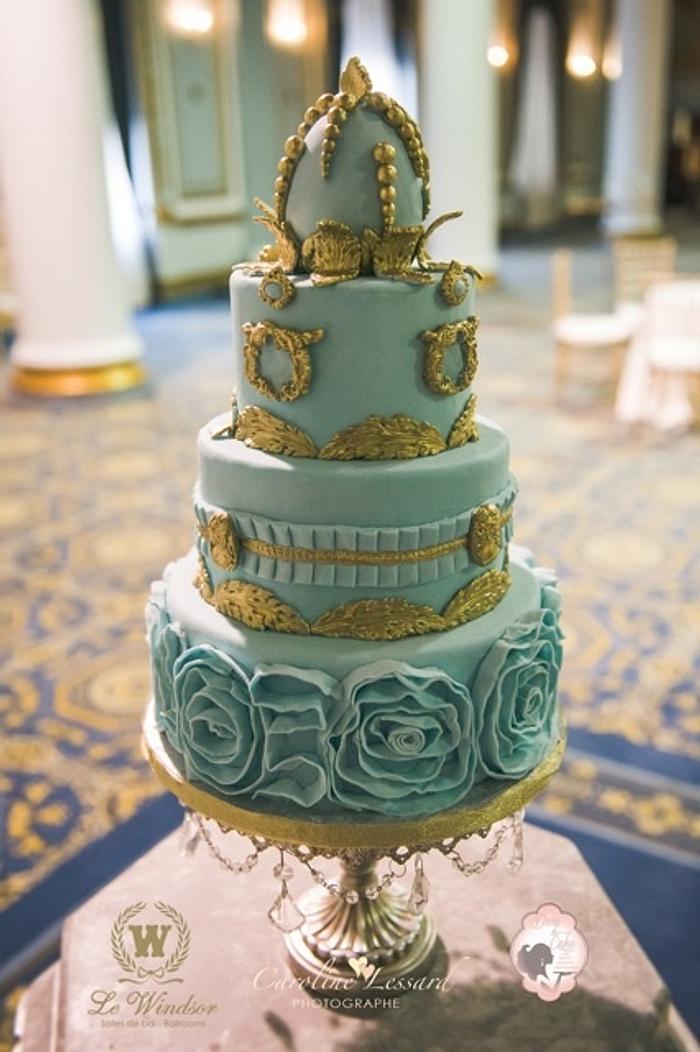 My sweet mother love  turquoise  & gold wedding cake 