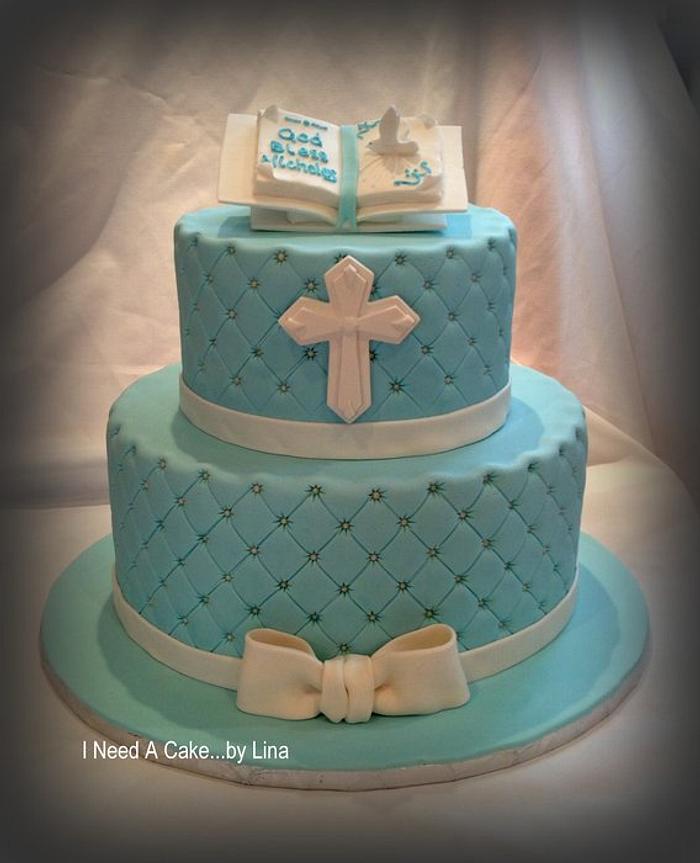 Blue quilt baptism cake
