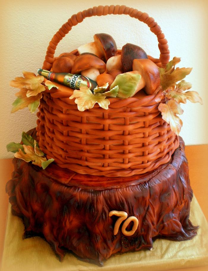 basket with mushrooms and beer on stump