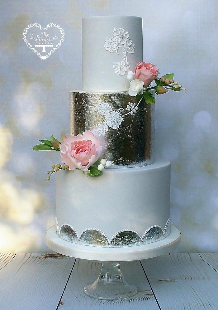 Silver Leaf and Hand Piped Wedding Cake